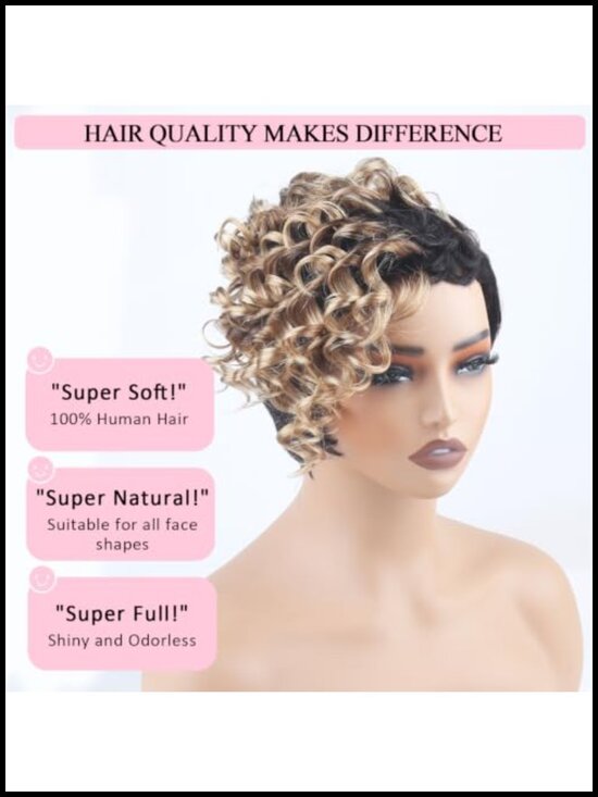 100% Human Hair Pixie Cut Wig Short Layered Curly Brazilian Virgin Machine Made main image 4